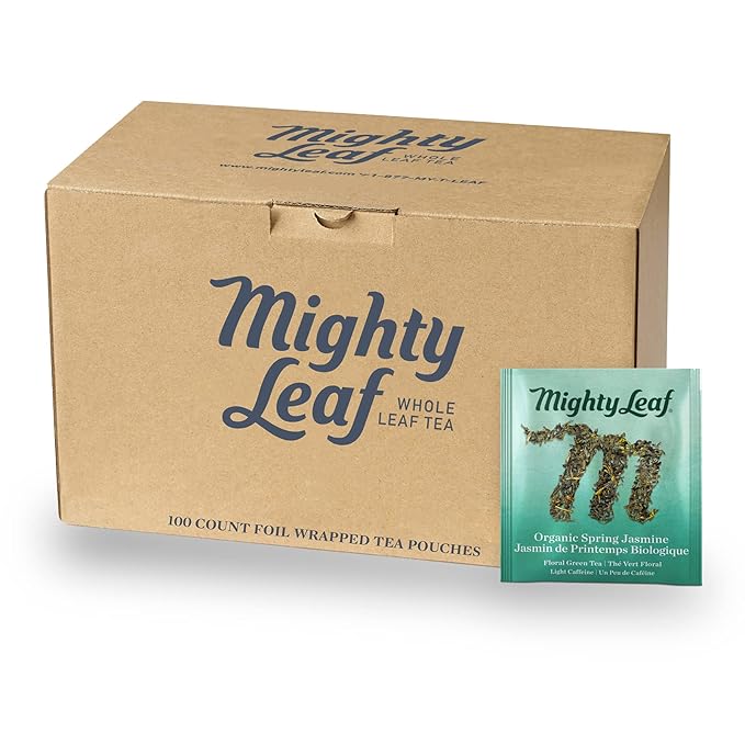 Mighty Leaf Organic Spring Jasmine Green Tea – 100 Count Premium Silken Tea Bags – Foil Wrapped for Freshness – Whole Leaf Green Tea with Floral Jasmine Aroma – USDA Organic Certified