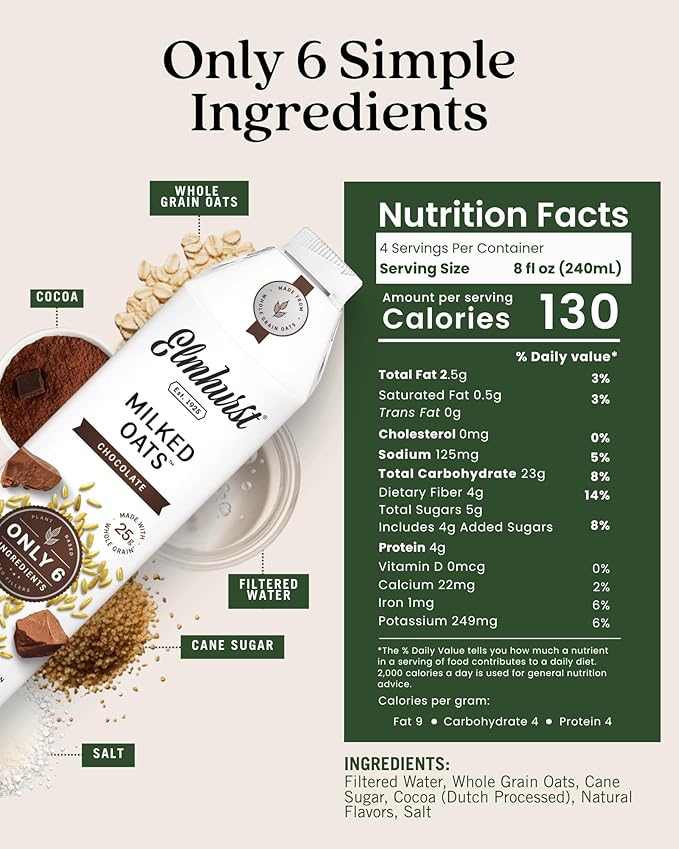 Elmhurst 1925 Chocolate Oat Milk - 32 Ounce (Pack of 6) Dairy-Free, Vegan, Kosher, Gluten-Free, Less Sugar, Shelf Stable Plant Based Milk Made with Whole Grain Oats & Cocoa for Smoothies & Baking