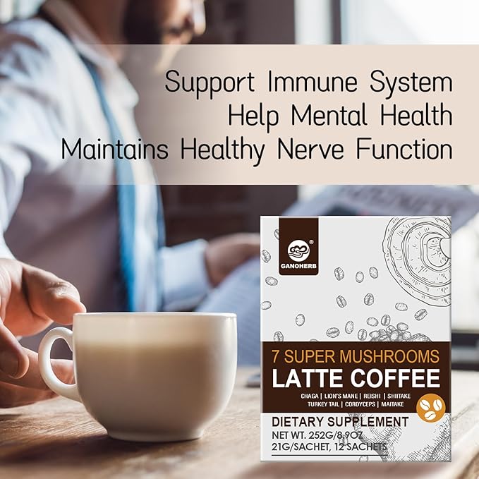 7 in 1 Mushroom Coffee Mix, Instant Latte Coffee Blend Nootropic Cafe Complex with Reishi, Lion’s Mane, Chaga, Turkey Tail, Maitake, Cordyceps for Energy Focus Immune Boost (10 Servings)