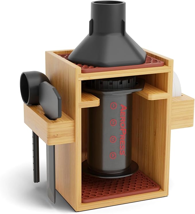 HEXNUB – Compact AeroPress Organizer Stand, Bamboo Coffee Caddy for AeroPress Coffee Maker, Accessories, Filters, Cups, Includes Mats - Brown
