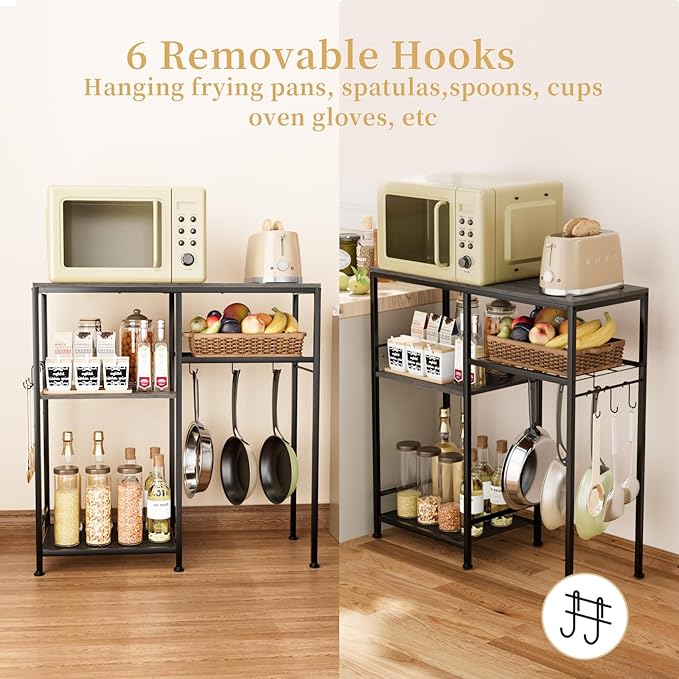 Consumest Microwave Stand, Adjustable Coffee Bar Cabinet, Multifunctional Pan Organizer with 6 Hooks and 3 Shelves, Bakers Rack for Shovel, Pots, Fruits, Vegetables, Grey & Black