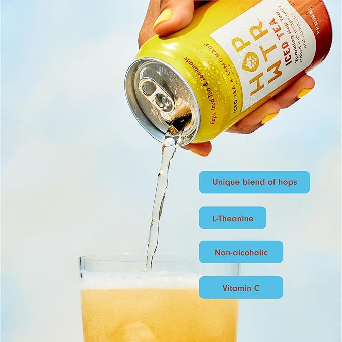HOP WTR - Sparkling Hop Water - Iced Tea & Lemonade (12 Pack) - NA Beer, No Calories or Sugar, Low Carb, With Adaptogens and Nootropics for Added Benefits (12 oz Cans)