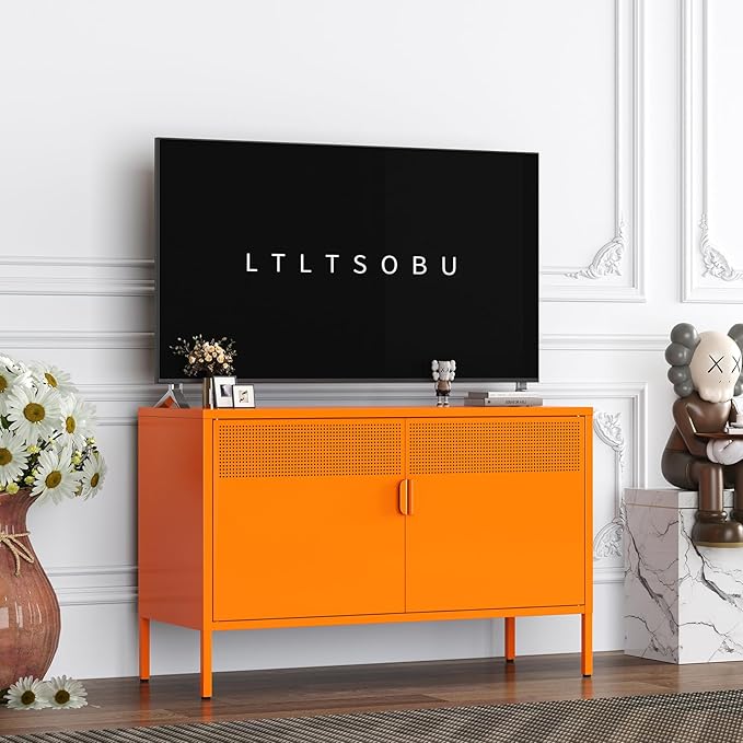 Orange Metal Storage Cabinet with 2 Doors - 25''H TV Stand, 2 Tier Locker with Adjustable Shelves, Multipurpose TV Cabinet for Office, Home, Living Room, Kitchen