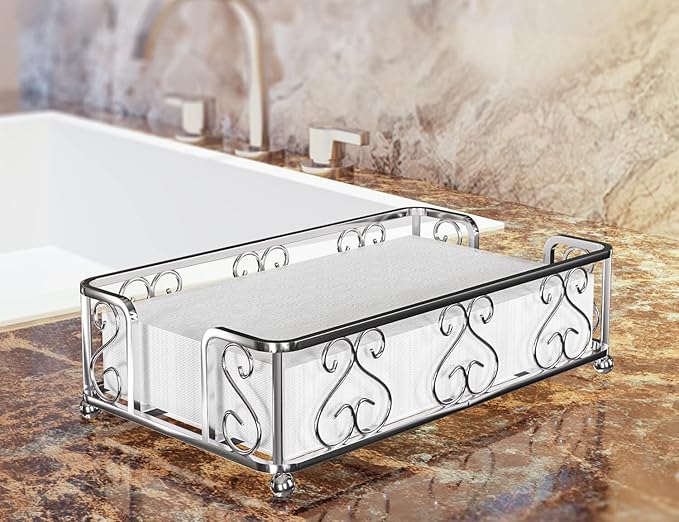 Silver Guest Towel Holder Tray for Bathroom – Napkin Organizer for Disposable Hand Paper Towels, Vanity Countertop Napkin Holder, Modern Bathroom Accessory for Guest Use and Décor