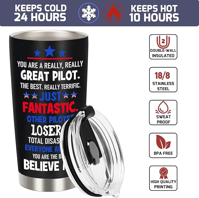 Best Pilot Gifts for Men, Aviation Gifts for Pilots - Aviation Lover Gift, Christmas Birthday Gift for Airplane Pilot Men, 20 OZ Pilot Stainless Steel Insulated Travel Coffee Tumbler Cup