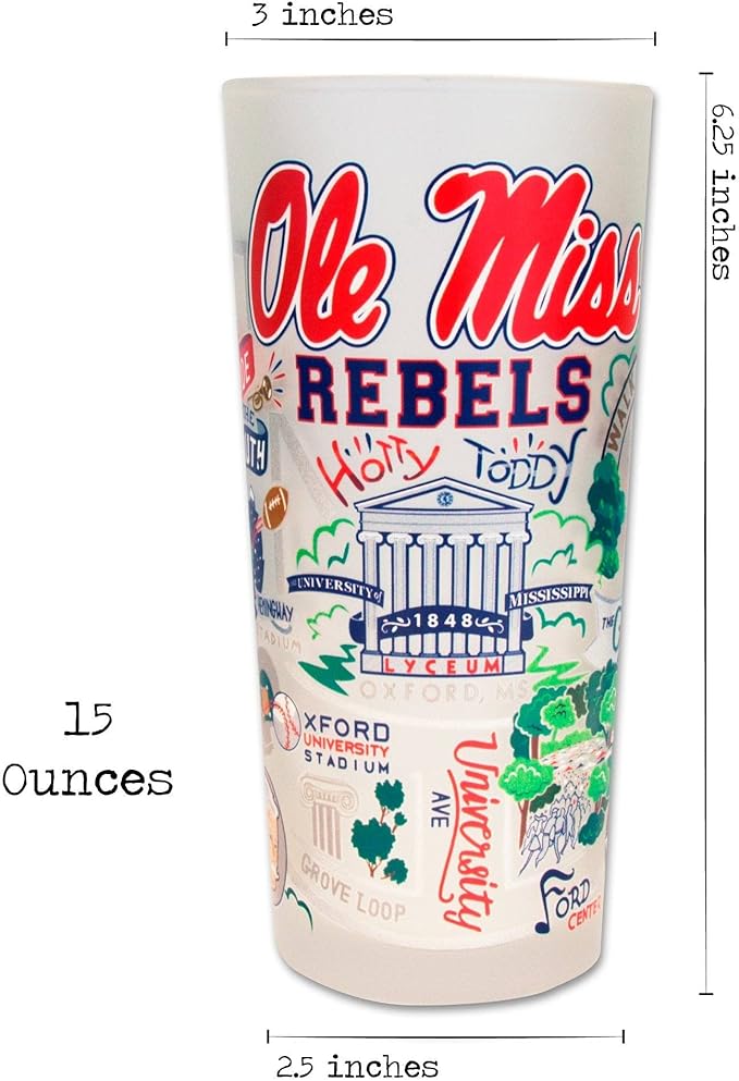 Catstudio Drinking Glass, University of Mississippi Glass Cup for Kitchen, 15oz Dishwasher Safe Tumbler for Ole Miss Alumni