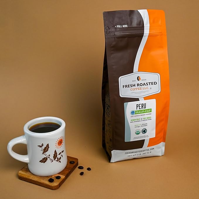 Fresh Roasted Coffee, USDA Organic Peru Water-Processed Half-Caf | 3rd Party Tested for Pesticides, Mold, Mycotoxins, Kosher | 100% Arabica, Specialty Grade, Med Roast 2 lb (32 oz) Whole Bean