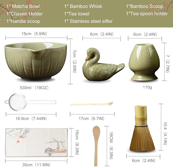 Matcha Whisk Set - 8PCS Japanese Tea Set Includes Matcha Bowl, Bamboo Whisk with Ceramic Holder, Bamboo Scoop, stainless steel sifter, tea towel, handle scoop,Matcha Kit for Ceremony(Green/8PC)