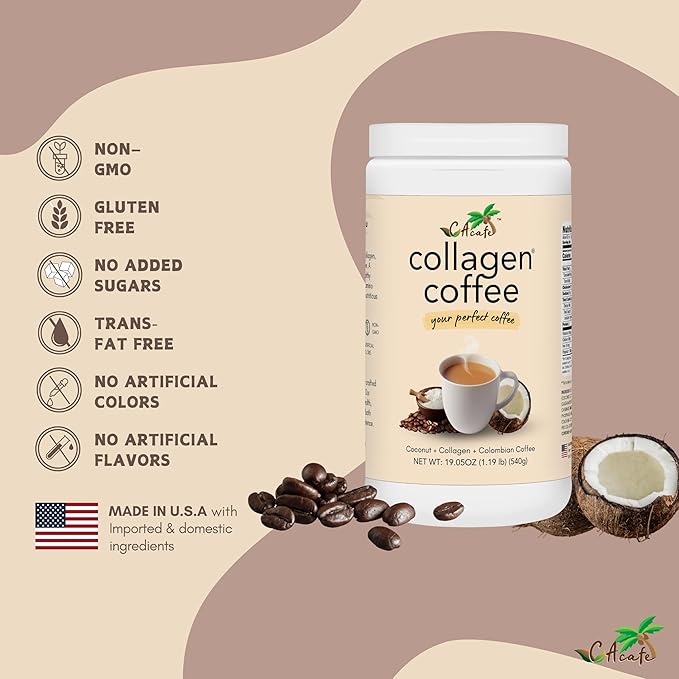 CAcafe Collagen Coffee | Coconut Infused Colombian Blend Coffee with Anti-Aging Collagen | Antioxidants & Natural Energy | 2 Pack