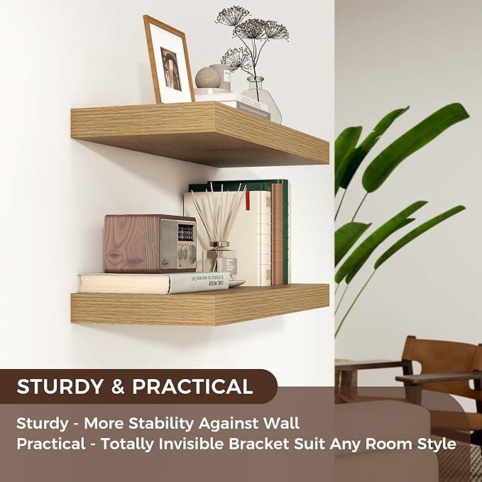 Floating Shelves for Wall, Engineered Wood Wall Shelves with Invisible Brackets for Living Room Bedroom Bathroom Office Kitchen Decor and Storage (Oak, 24" W x 9" D x 1.5" H) Set of 2