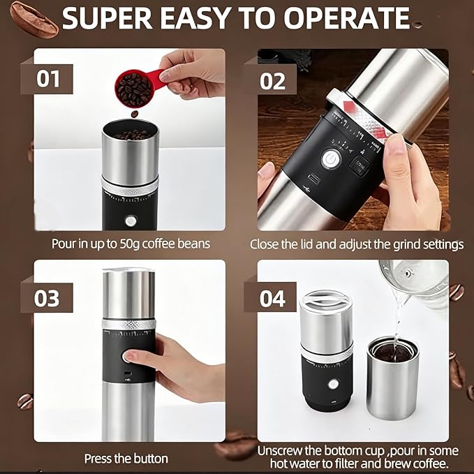 Electric Burr Coffee Grinder,Toycol Portable Cordless Rechargeable Espresso Coffee Bean Grinder,USB Battery Travel Car Coffee Maker with 15 Fine to Coarse Grind Settings for Home Use (Black)