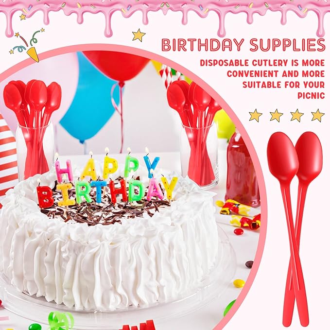 200 Pcs Extra Long Spoons for Ice Cream Floats Plastic Sundae Spoons Bulk 8 Inch Long Handle Spoon Heavy Duty for Ice Cream Milkshakes Tea Cocktails Root Beer Float and Tall Beverages (Red)