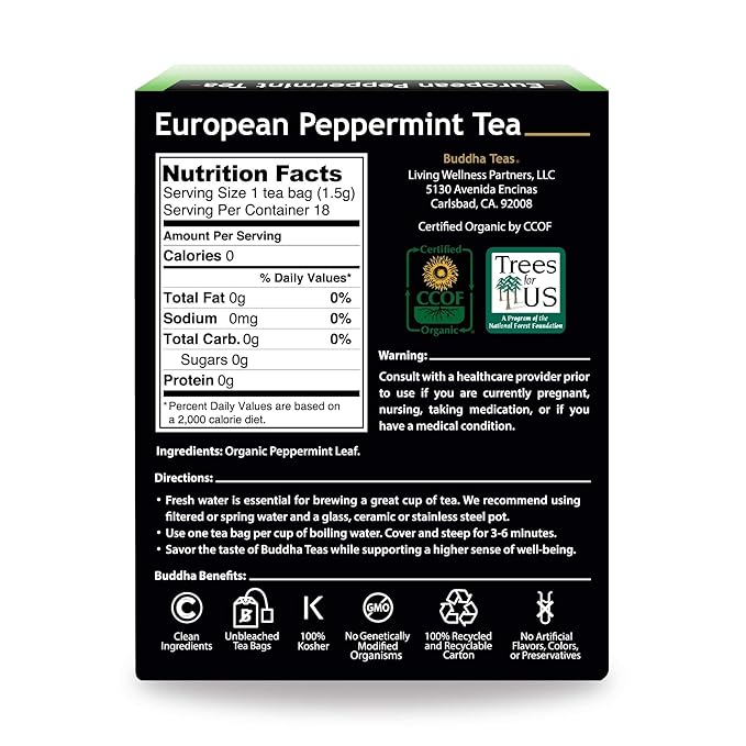 Buddha Teas Organic European Peppermint Tea - OU Kosher, USDA Organic, CCOF, 18 Bleach-Free Tea Bags