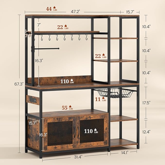 47.2 in Bakers Rack with Power Outlet & LED Light, Coffee Bar with Coffee Pod Holder for Vetuo, Kitchen Microwave Stand with Storage Shelves, Paper Holder, Cabinet, Wire Basket, 8 Hooks (Rustic Brown)