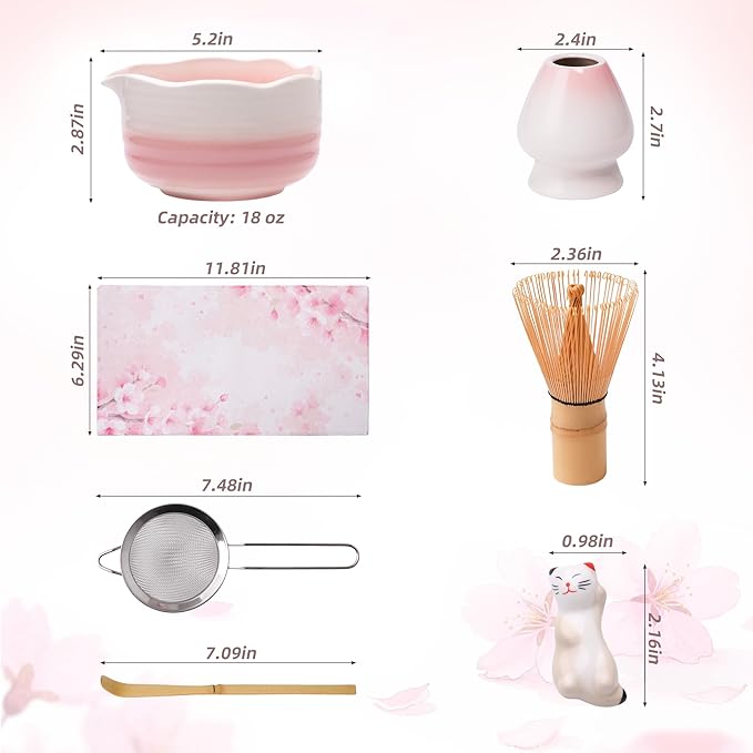 Pink Matcha Set, 7 Pcs Matcha Kit with Matcha Bowl with Spout, Bamboo Whisk & Holder, Tea Towel, Stainless Sifter, Bamboo Scoop & Rest, Cute Macha Gift Set for Women Birthday Christmas