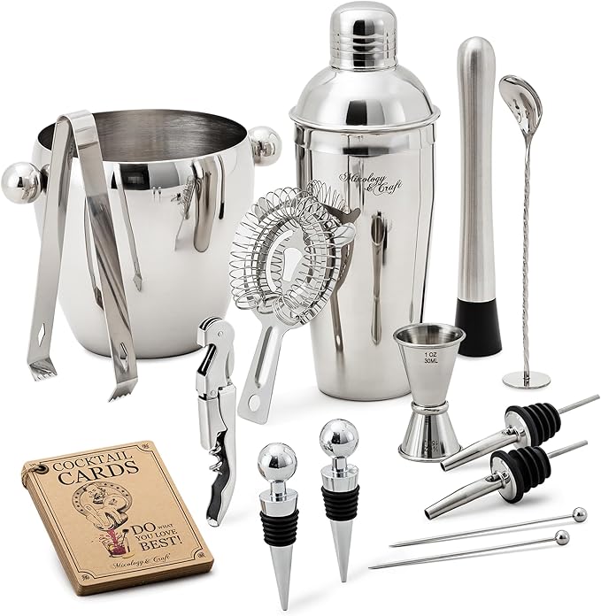 Mixology & Craft 16-Piece Cocktail Shaker Set - Bartender Kit & Home Bar Accessories, Stainless Steel Barware with Ice Bucket - Gift Ready