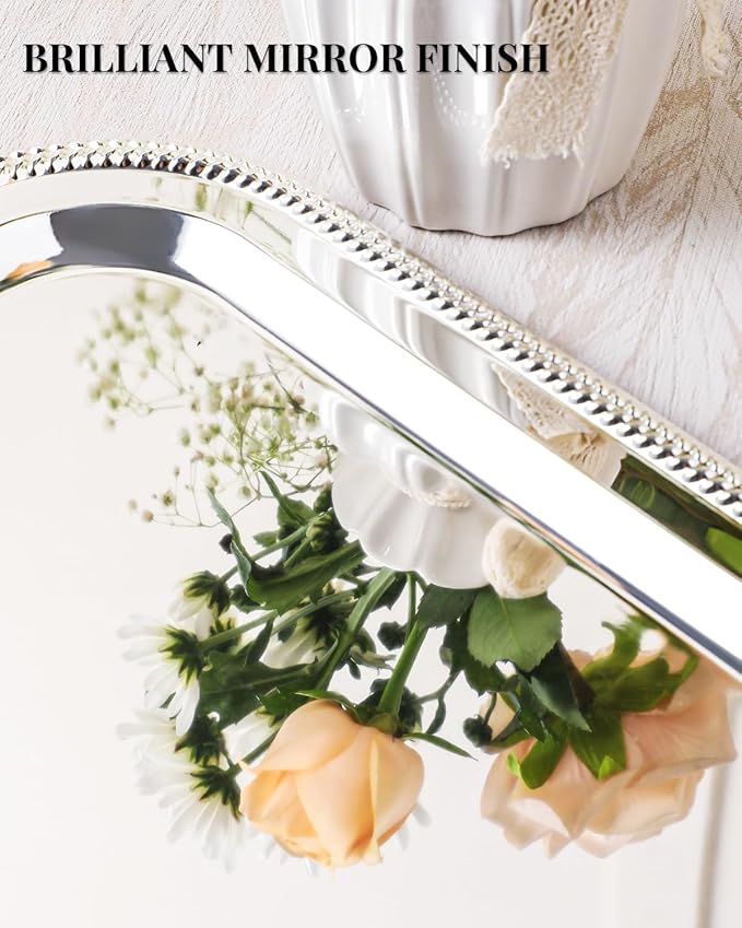 18.5"x14.5" Rectangular Silver Serving Tray with Handles, Beautiful Mirror Polished Finish, Lightweight Classic Metallic Decorative Silverplate Tray for Wedding Anniversary Birthday Holiday Gatherings
