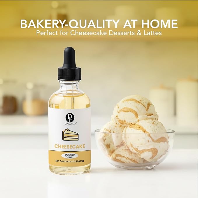 Dolce Flav Cheesecake Extract – 2 Ounce Water-Soluble Kosher, Sugar-Free, Concentrated Creamy Flavor for Desserts, Frostings & Pastries, Includes Measured Dropper