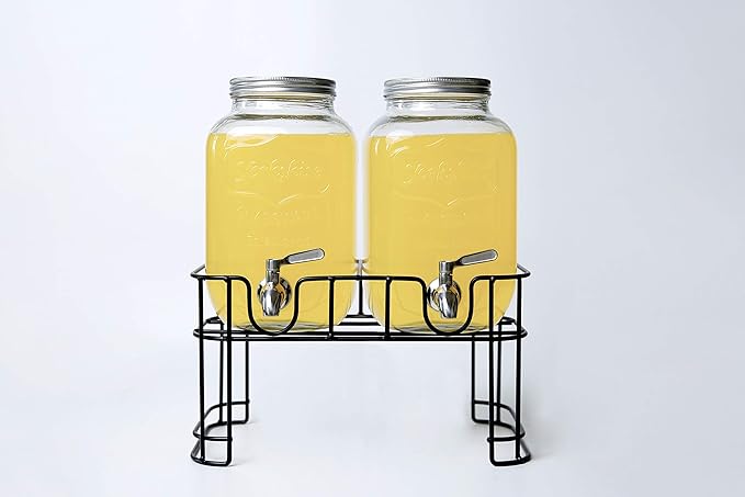 Dual Gallon Glass Beverage Dispensers with Metal Stand, Stainless Steel Spigot, Metal Lid and Drip Trays- Gallon Glass Yorkshire Mason Container for Kombucha Fermenting, Iced Tea and more