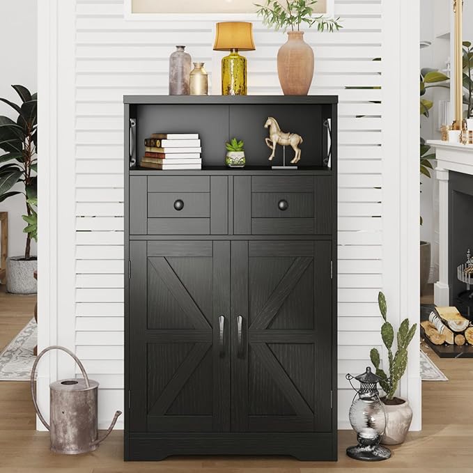 Black Storage Cabinet with Drawers and Shelves, Freestanding Black Kitchen Pantry, Floor Storage Cabinet Hutch Cupboard for Dining, Living Room, Home Office