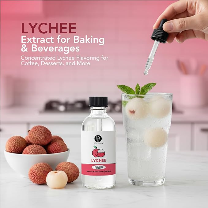 Dolce Flav Natural Lychee Extract – 2 Ounce Water-Soluble Kosher, Sugar-Free, Concentrated Exotic Lychee Flavoring for Beverages, Desserts & Baking, Includes Measured Dropper