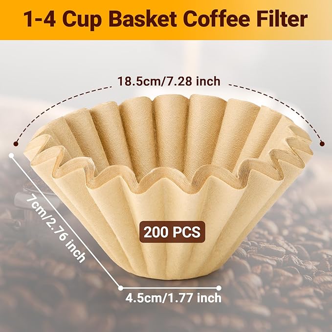 Segarty 200pcs 1-4 Cup Disposable Coffee Paper Filters, 7.2in Natural Unbleached Brown Basket Coffee Filters Bar Accessories for Pour Over Maker Coffee Brewer Dripper Machine for Home Cafeteria Office