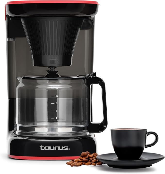 Taurus Velvet 12-Cup Drip Coffee Maker, Glass Carafe, Modern Compact Design, Non-Programmable, Easy-Clean Reusable Filter, Auto Shut-Off, Black