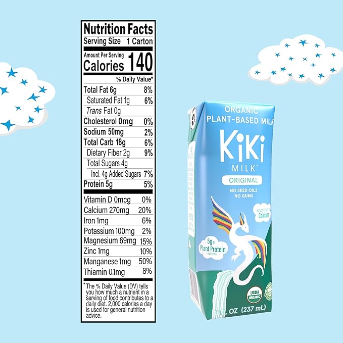 Original Kiki Milk, Organic, Plant Based, Gum Free, GMO Free, Dairy Free, Soy Free, Gluten Free, Glyphosate Free (8 oz • Pack of 12)