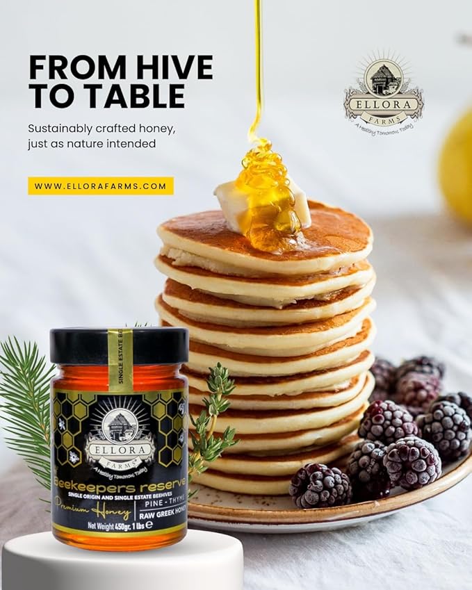 Ellora Farms Single Estate PDO Raw Greek Honey, Pine & Thyme Raw Honey Unfiltered, Beautiful Gift Pack with Dipper, Beekeepers Reserve, Pure Raw & Unfiltered Cold-Pressed, Gluten Free - 450 g