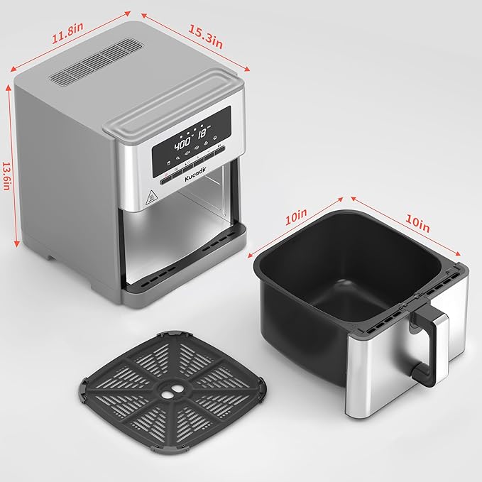 Air Fryer 10 Quart, Large Air Fryer for Families, 6 Cooking Functions AirFryer, 400°F Temp Controls in 5° Increments, Ceramic Coated Nonstick Basket and Crisper Plate, Dishwasher-Safe, 1700W, Grey