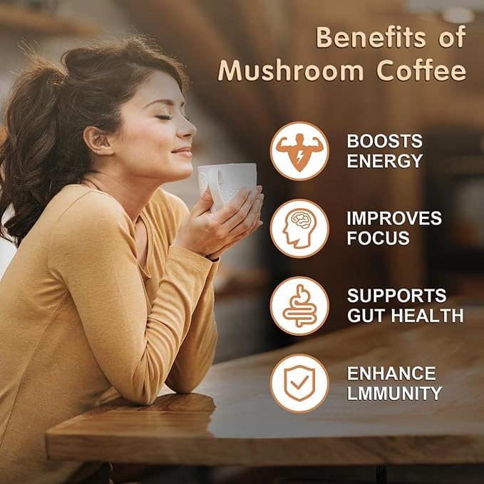 Mushroom Coffee, 6 Adaptogenic Mushrooms with Lion's Mane, Cordyceps, Turkey Tail & More, Instant Mushroom Coffee for Focus, Energy, Immune & Digestion Support