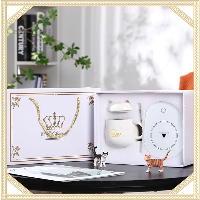 Honeydak Coffee Cup Warmer Coffee Warmer with Mug for Women Electric Coffee Mug Heater Temperature Control Ceramic Cute Cat Smart Coffee Warmer for Office Desk Home Christmas Birthday Gift (White)