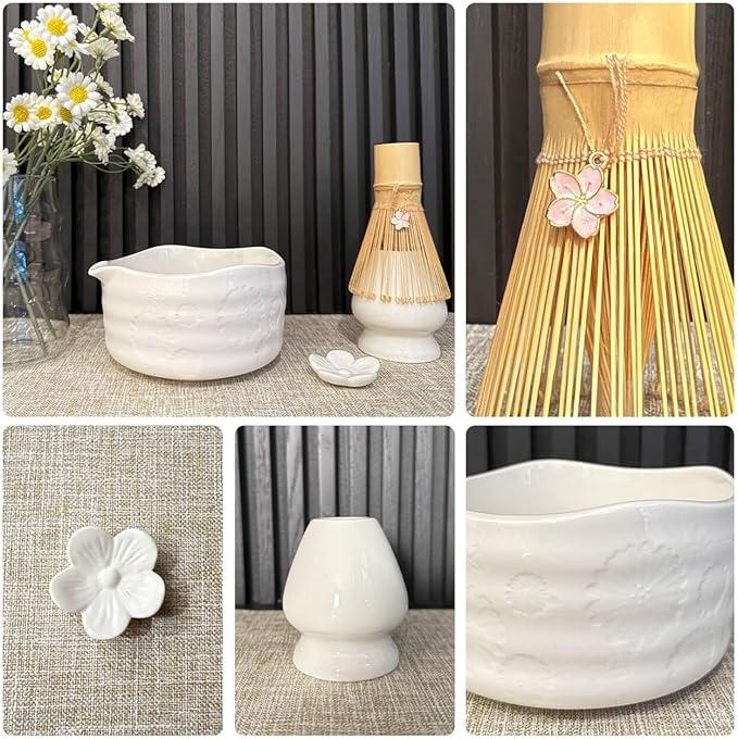 Matcha Whisk Set––7pcs Japanese Matcha Set Kit with Matcha Bowl, Bamboo Whisk, Whisk Holder, Scoop, Towel&Sifter–Perfect for Matcha Lovers&Tea Ceremonies-Daisy White