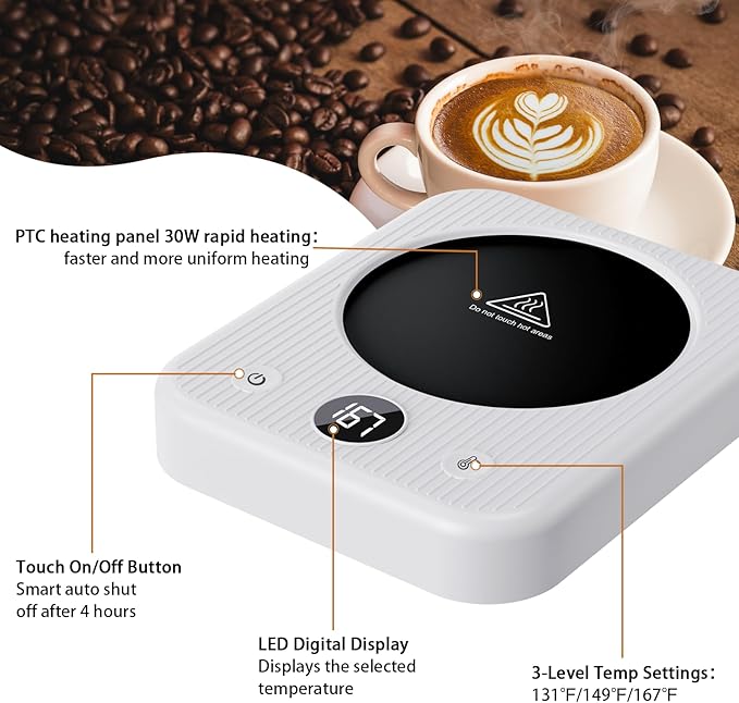 Waipfaru Coffee Mug Warmer & Mug Set for Desk, Heated Coffee Cup Warmer with Auto Shut Off, Electric Self Heating Mug & 3 Temperature Control Smart Mug for Office, Home and Travel, White