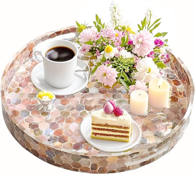 i-lan 16 Inch Mother of Pearl Inlay Decorative Serving Tray with Handles,Round Wooden Marble Decorative Mosaic Home Serving Tray Platter for Tea,Breakfast,Display