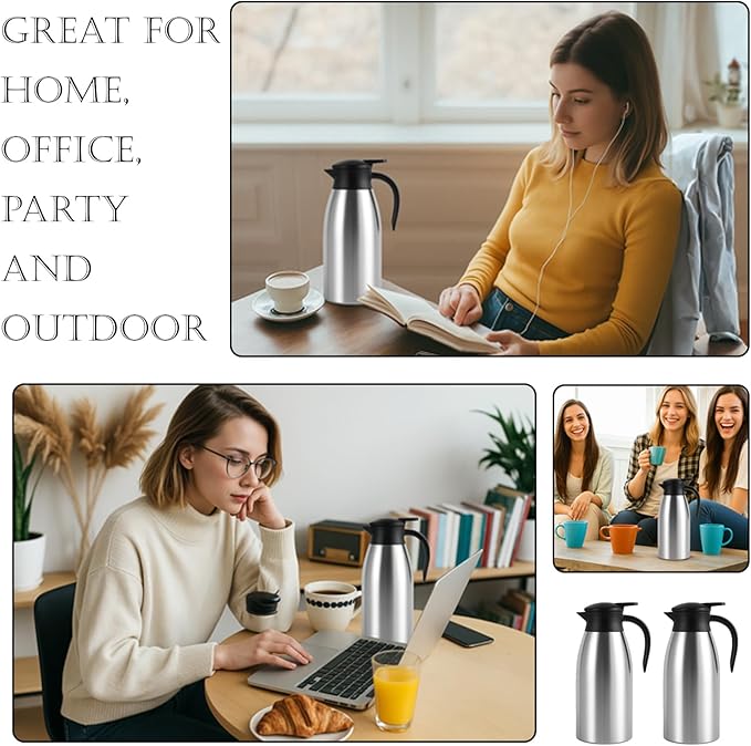 2 Pcs 68 OZ Insulated Coffee Carafe – Thermal Stainless Steel Carafe for Hot Liquids | Double Wall Coffee Thermos Dispenser with Cleaning Brushes – Keep 12H Hot & 24H Cold