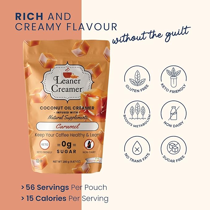 Leaner Creamer Coconut Creamer with Superfood Ingredients – Non-Dairy, Sugar-Free, Keto, Gluten-Free Powdered Coffee Creamer – Caramel – 280g
