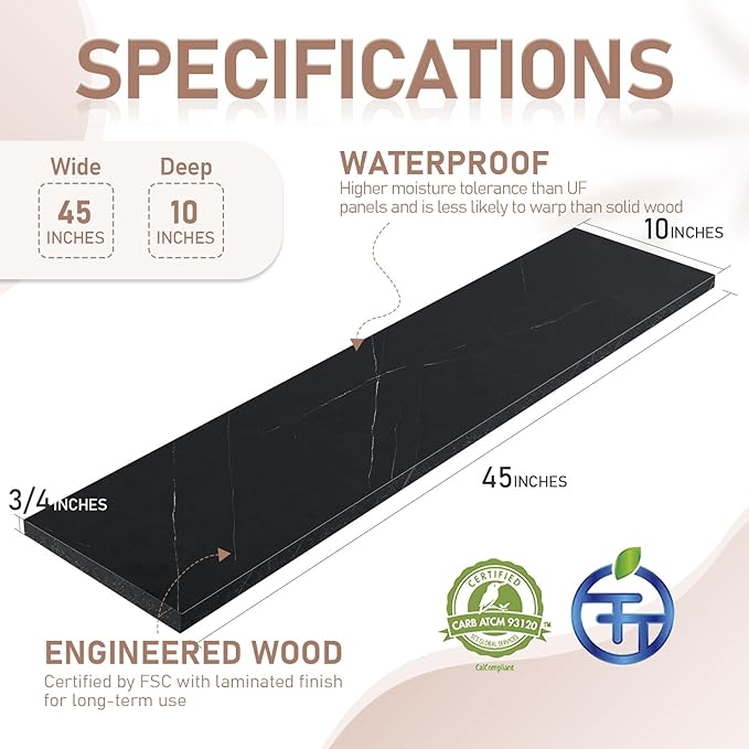 Kaboon 45 inch Long 10 inch Deep Floating Shelves for Wall Set of 2, Large Open Shelves Wall Mounted, Space Saving Home and Commercial Use, Cloud Atlas/Black Marble