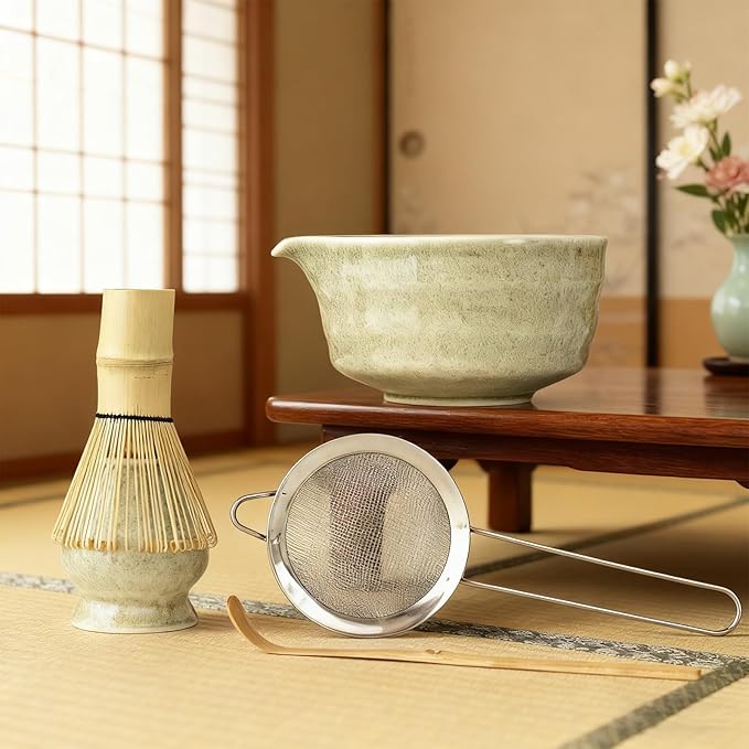 5-PCS Japanese Matcha Tea Set - Ceramic Bowl with Spout & Holder, Bamboo Whisk (Chasen), Scoop, Sifter - Complete Traditional Tea Ceremony Kit for Beginners, Gift for Tea Lovers (Light green)