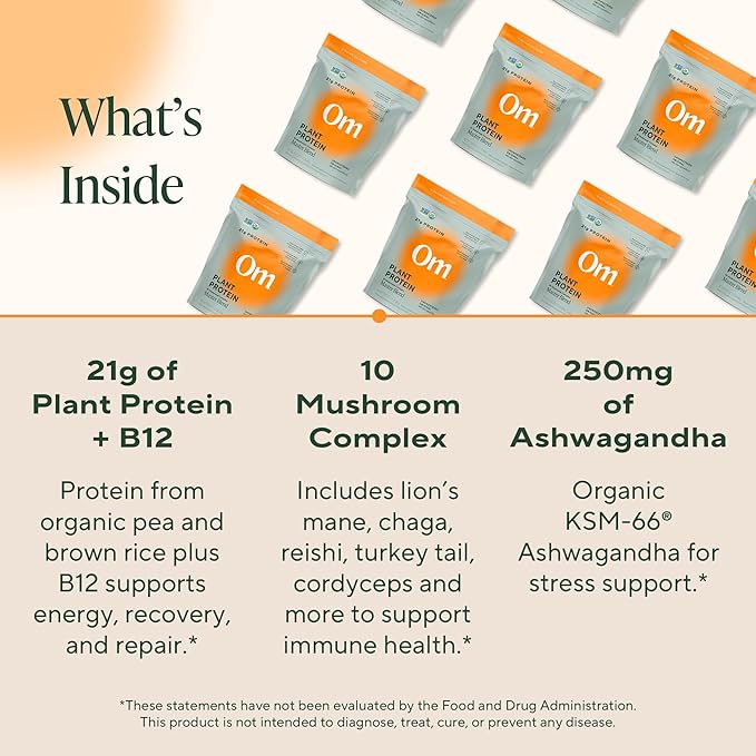 OM MUSHROOM SUPERFOOD Master Blend Vegan Protein – Unflavored Plant Protein with 10 Mushrooms, Ashwagandha, BCAAs & B12 – Energy, Recovery & Immune Support – 1.2 lb (16 Servings)