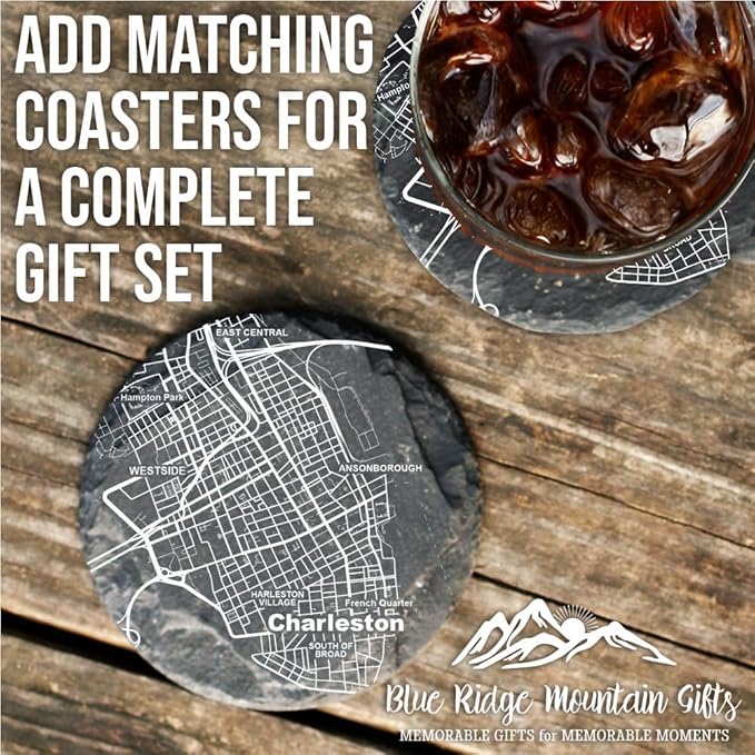 Blue Ridge Mountain Gifts - Charleston Souvenir - South Carolina Glassware Gift, Etched City Map, Laser Engraved and Dishwasher Safe