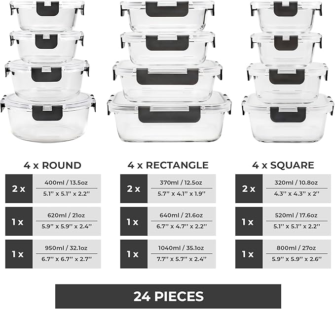 Freshware Glass Storage Containers with Lids, 24 Pieces, Glass Food Storage Containers with Lids, Leak Proof, Freezer Safe