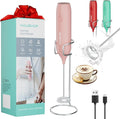 HAUSHOF Powerful Rechargeable Milk Frother Wand with Stand, Handheld Electric Foam Maker, Drink Mixer with Detachable Stainless Steel Whisk for Coffee Latte, Cappuccino, Matcha, Pink