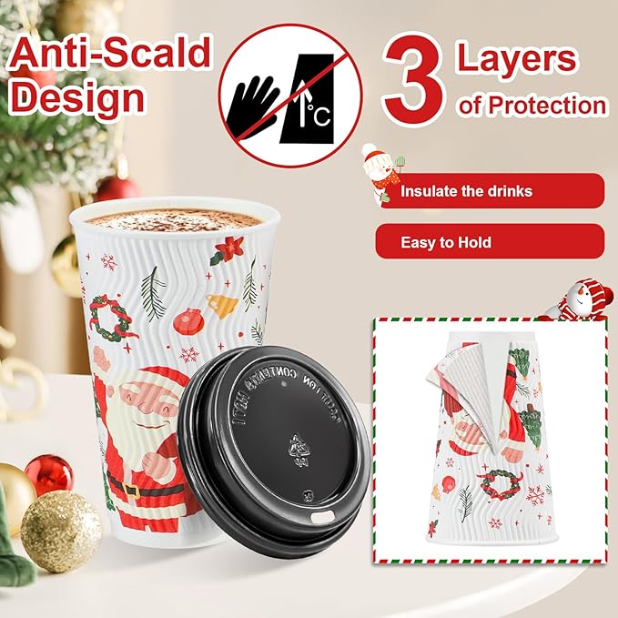 100 Pack Christmas Coffee Cups with Lids 16oz, Disposable Insulated Ripple Wall To Go Paper Coffee Cups for Hot/Cold Drinks Office Home Shop Event (Colorful)