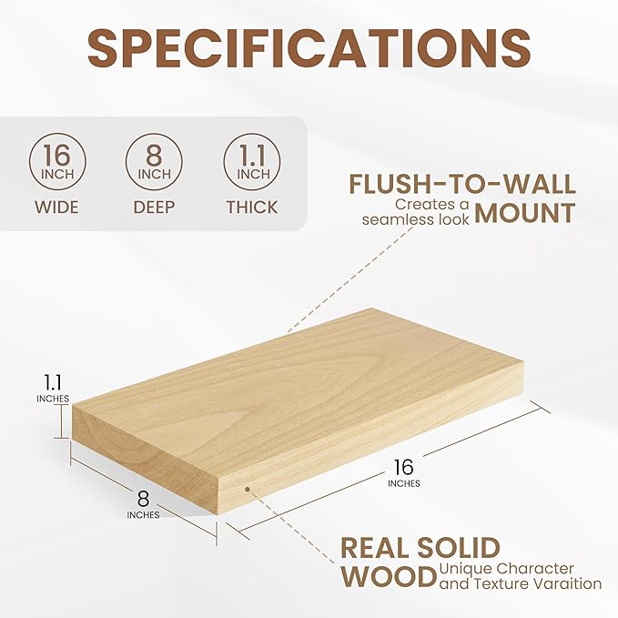 Floating Shelves for Wall, Real Wood Floating Shelf Set of 2, 8 Inch Deep Floating Shelves, Rustic Wood Wall Shelf for Home Decor, Deep Storage Shelves for Bathroom, Kitchen, 16"W x 8"D, Burlywood