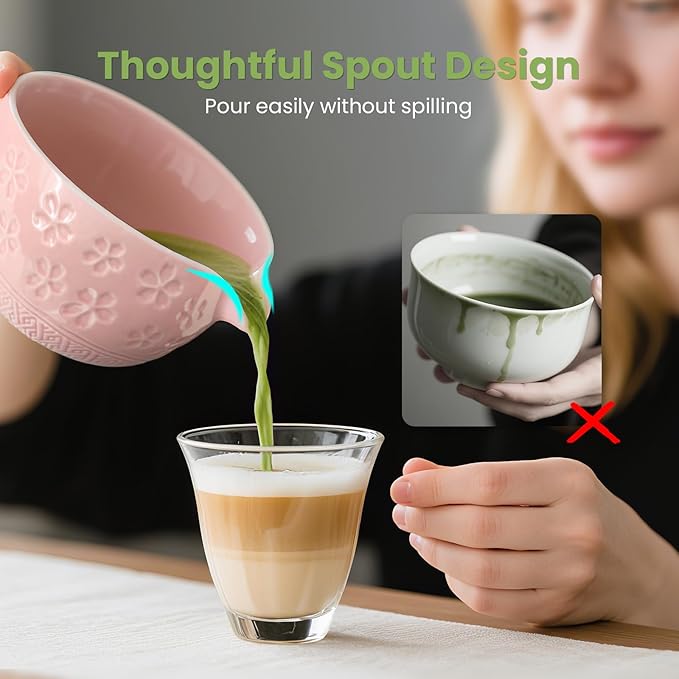 Matcha Whisk Set, Pink Matcha Kit (9 Pcs) Includes Bowl, Whisk, Holder, Scoop, Sifter, Spoon, Rest, Mat, Book - Exclusive Patented Ceramic Matcha Set for Matcha Lovers