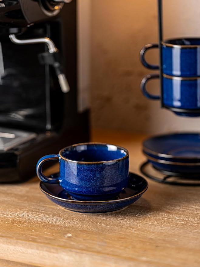 Gomakren 6 Ounce Cappuccino Cups with Saucers and Metal Stand, Stackable Coffee Cup Set of 4, Christmas Porcelain Espresso Cups for Coffee Drinks, Cappuccino, Latte, Americano, Tea, Cobalt Blue