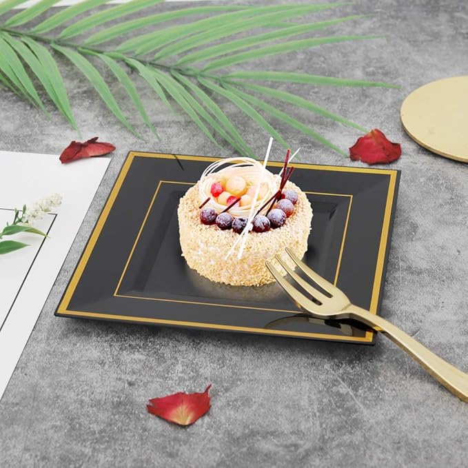 bUCLA 100PCS Black Square Plastic Plates with Gold Rim - 6 inch Disposable Dessert/Appetizer/Small Cake Plates for Party, Graduation & New Year