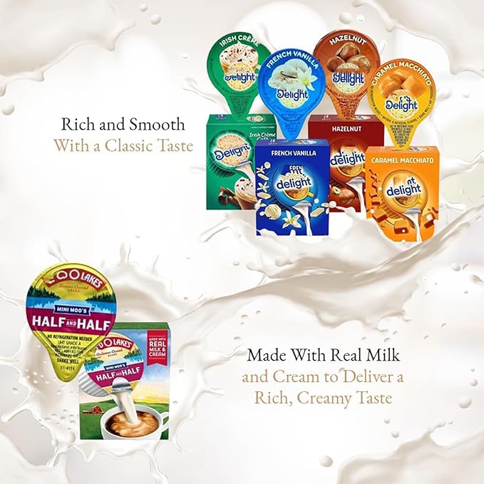 Coffee Creamer Singles Variety Pack Packaged by Bools, Mini Coffee Creamer & Mini Mooo's 5 Flavor Assortment (50 Pack) for Home, Office, Coffee, Bar, Gift
