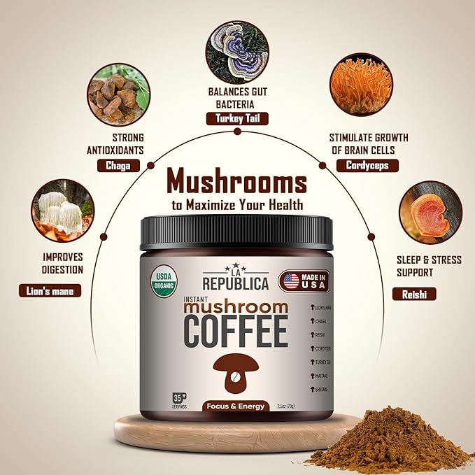 La Republica Instant Mushroom Coffee Organic 2-Pack (70 Servings), 100% Arabica with Lion's Mane, Reishi, Chaga, Cordyceps, Shiitake, Maitake, Turkey Tail